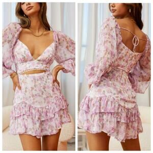 Saints + Secret Floral Puff Sleeve Cut-Out Mini Dress